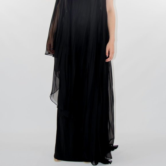Black Long Gown Dress Draped One Shoulder Batwing Small Med New 458$ - Picture 3 of 5